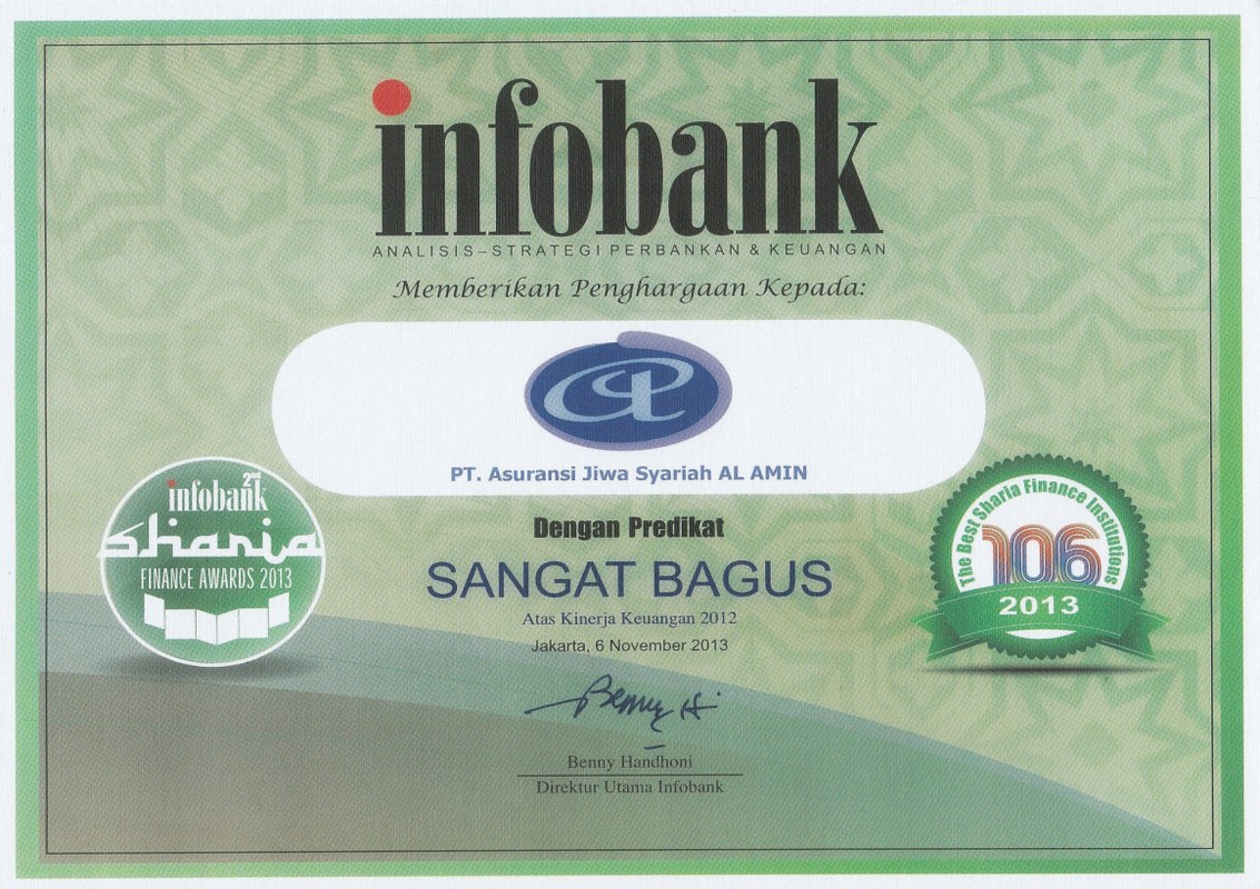 Penghargaan dari Infobank kepada PT Asuransi Jiwa Syariah AL AMIN